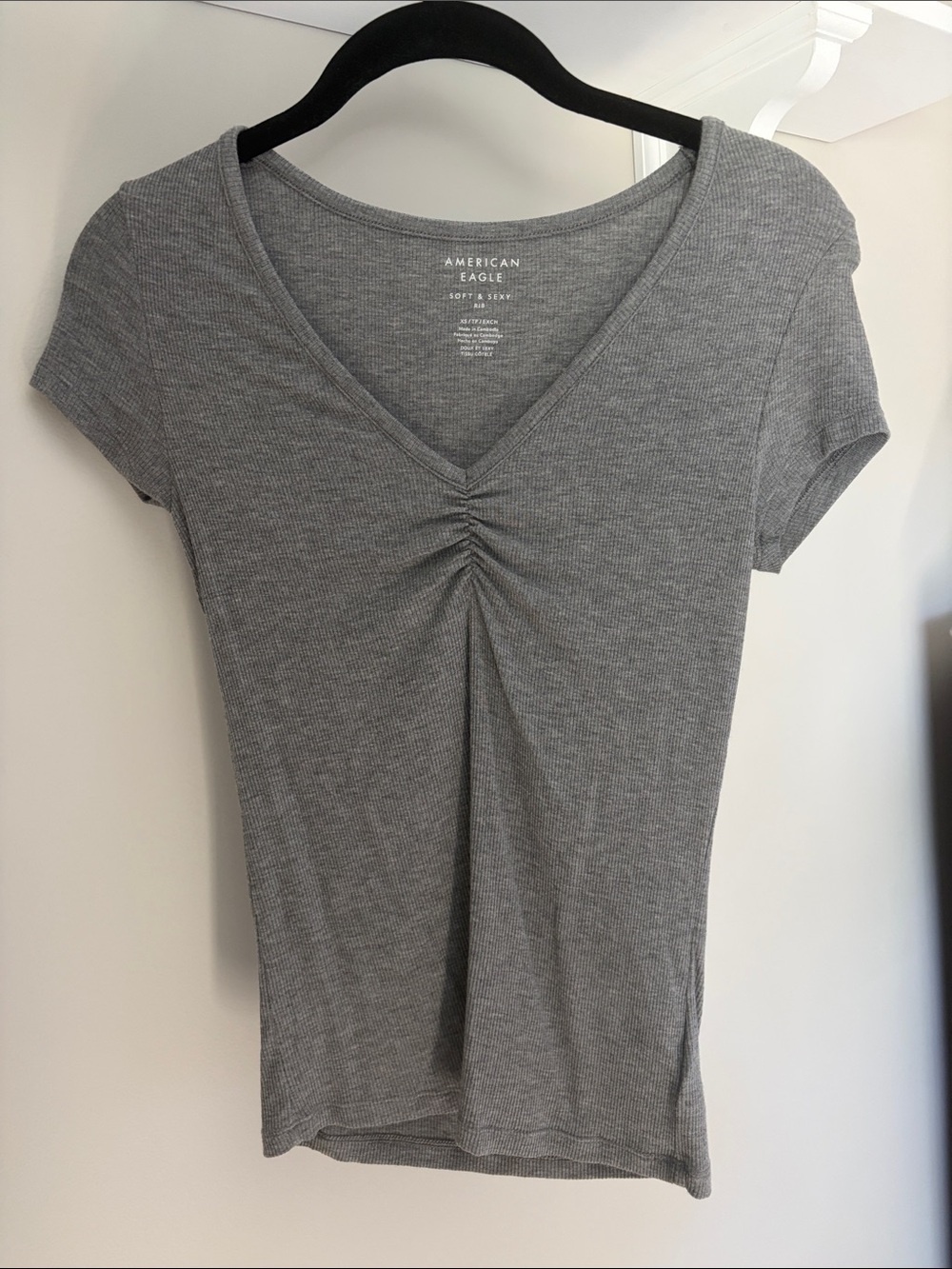 American Eagle Outfitters Gray Ribbed V-Neck Tee with Front Ruching